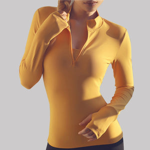 SALSPOR Sexy Women Yoga Top Sport Zipper Long Sleeve Yoga Shirt With Thumb Holes Solid Quick Dry Breathable Gym Fitness Shirt