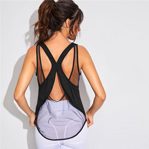 Romwe Sport Contrast Mesh Gym Tank Top Women Sexy Round Neck Sleeveless Yoga Shirt Workout Tops for Women Black Fitness Top