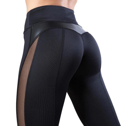 NIBESSER Fashion Mesh Leather Leggings Women Fitness Legging Sport Workout Leggins Femme Mesh PU Leather Patchwork Leggings